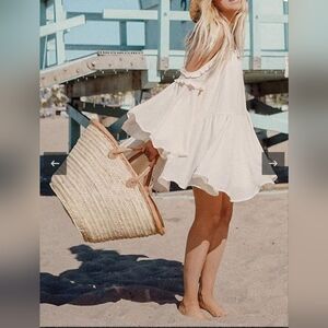 Large Cotton Blend Long Sleeve V Neck Cold Shoulder Ruffles Mini Dress